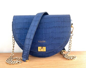 Mini Blue Croc-Embossed Leather Convertible Half-Moon Crossbody Bag
