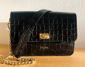 Mini Schwarze Croc-Embossed Leder Wandelbare Umhängetasche