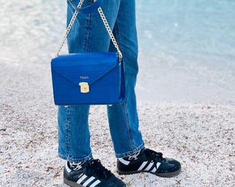 Bolso bandolera de piel de vacuno con relieve de cocodrilo azul - Minibolso con correa convertible
