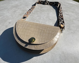 Beige Croc-Embossed Leather Convertible Crossbody Bag