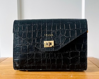 Mini Croc-Embossed Black Leather Convertible Crossbody Bag