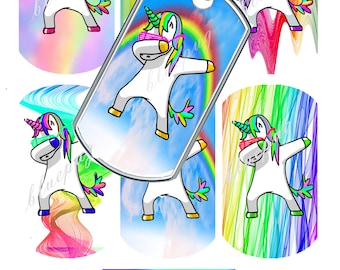 Dabbing Unicorn Standard Dog Tag 1.1" x 2" Images Photo Quality 4x6 Sheet Digtal Download Printable Dallas INSTANT DOWNLOAD