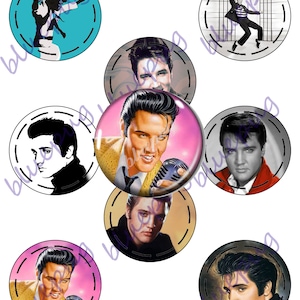 May include: A sheet of 8.5x11 inch paper with 2.625 inch circles featuring images of Elvis Presley. The circles have a black and white dashed border. The images include Elvis in a black and white silhouette, Elvis singing into a microphone, Elvis in a black and white photo, Elvis in a color photo, Elvis in a color photo with a microphone, Elvis in a color photo with a microphone, and Elvis in a color photo with a microphone.