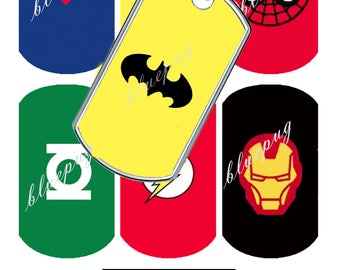 7 Super Heros I Inspired Standard Dog Tag 1.1" x 2" Images Photo Quality 4x6 Sheet Digtal Download Printable Necklace