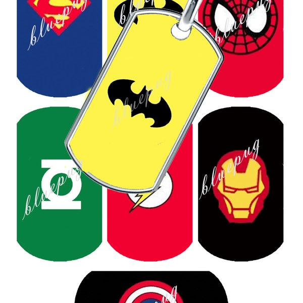 7 Super Heros I Inspired Standard Dog Tag 1.1" x 2" Images Photo Quality 4x6 Sheet Digtal Télécharger Printable Necklace