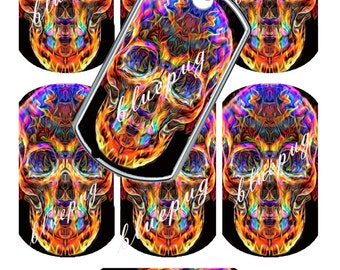 7 Colorful Skulls Standard Dog Tag 1.1" x 2" Images Photo Quality 4x6 Sheet Digtal Download Printable Necklace Key Chain