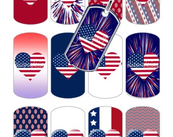 9 Mini USA Hearts Mix Dog Tag Images 1 1/2" x 7/8" (1.5" x 0.875") Photo Quality 4x6 Sheet Digtal Download Printable USA America