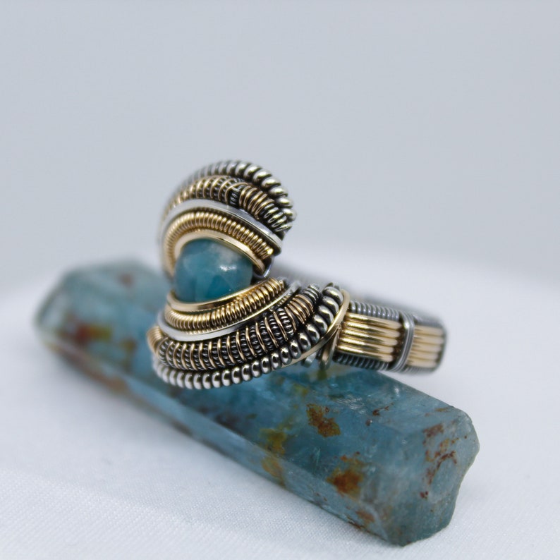 Size 6.5 Wire Wrapped Ring Larimar in .925 Sterling Silver and 14k Gold Wire Oxidized Handmade One of a Kind Ring