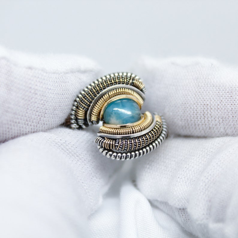 Size 6.5 Wire Wrapped Ring Larimar in .925 Sterling Silver and 14k Gold Wire Oxidized Handmade One of a Kind Ring