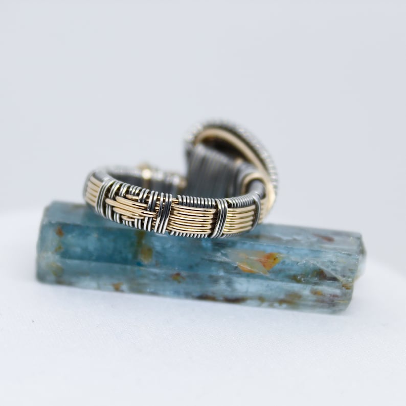 Size 6.5 Wire Wrapped Ring Larimar in .925 Sterling Silver and 14k Gold Wire Oxidized Handmade One of a Kind Ring