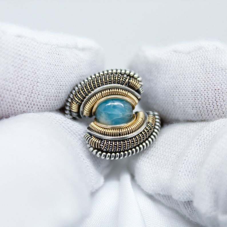 Size 6.5 Wire Wrapped Ring Larimar in .925 Sterling Silver and 14k Gold Wire Oxidized Handmade One of a Kind Ring