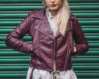 80's Style Classic Burgundy Lambskin Biker Jacket