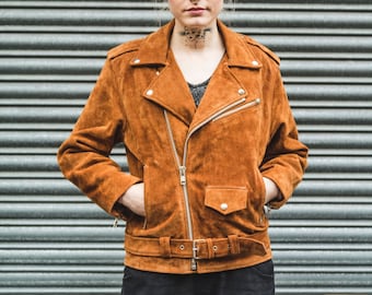 Tan Suede Biker Jacket With Zipper