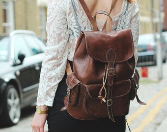 Leather Rucksack Backpack Festival Style In Dark Brown