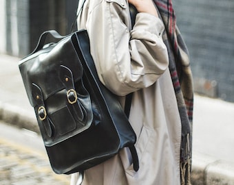 Black Leather Backpack With Top Flap