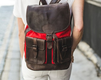 Red Suede and Leather Rucksack Backpack Premium - Etsy display picture 1