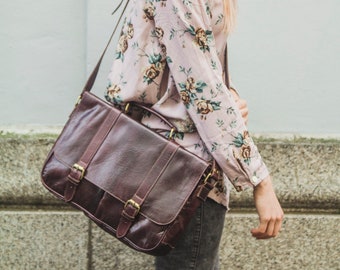 Gloss Leather Work Messenger Satchel In Coco Brown