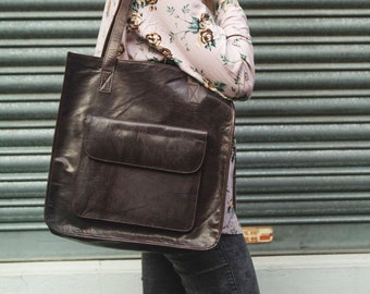 Brown Leather Tote Shopper Bag With Front Book Pocket