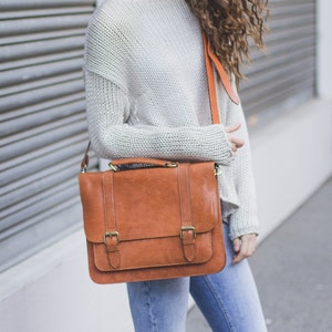 Tan Leather Laptop Messenger Bag Work Satchel