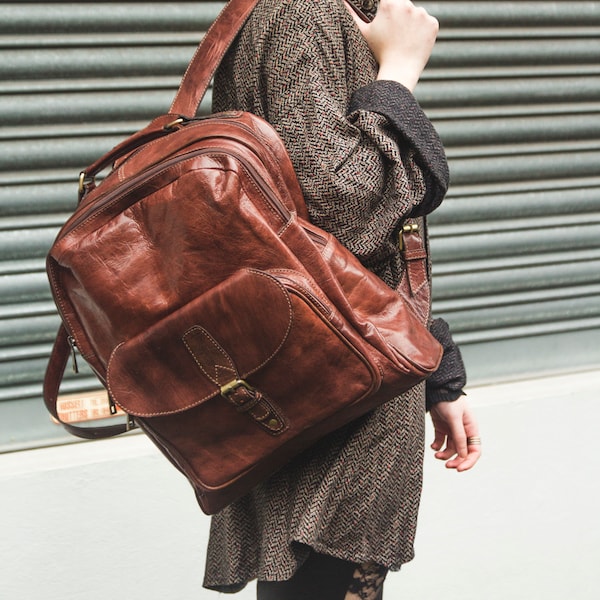 Textured Brown Gloss Leather Office Backpack | Work Rucksack