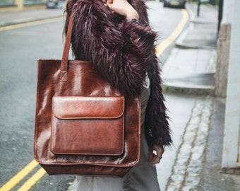 Stressed Brown Leather Shopper Tote Bag