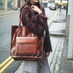 Stressed Brown Leather Shopper Tote Bag image 1