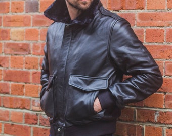 Black Leather & Shearling Collar G-1 Pilot Aviator Jacket (Removable Double Breasted)