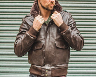 Brown Leather & Shearling Collar G-1 Pilot Aviator Jacket (Removable Double Breasted)