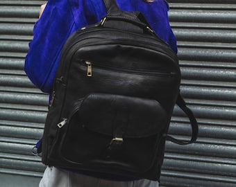 Black Leather Office Backpack With Internal Padding