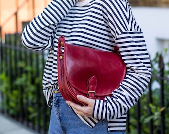 Leather Satchel Saddle Bag In Dark Red Burgundy