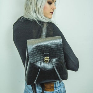 Unisex Black Crocodile Embossed Genuine Leather Backpack Etsy Canada