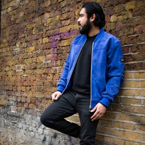 Premium Blue Suede Bomber Jacket image 2