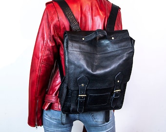 Grained Black Leather Work Backpack Rucksack