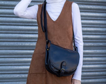 Leather Satchel Saddle Bag In Matte Black