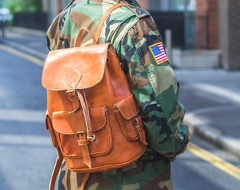 Hand Made Leather Rucksack In Orange Tan