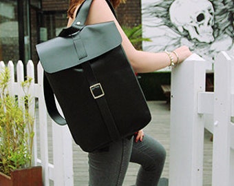 Black Leather Box Shaped Rucksack Backpack