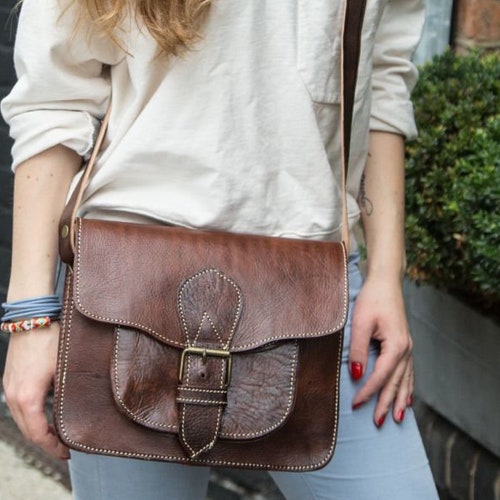 Brown Leather Messenger Bag Satchel shops Hand Stitched