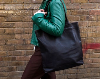 Dark Brown Leather Shopper Tote Bag