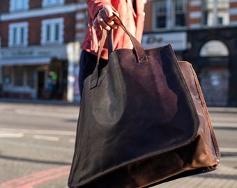 Hunter Leather Shopper Tote Bag In Brown