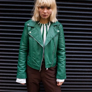 Leather Biker Jacket In Aqua Green (Size M)