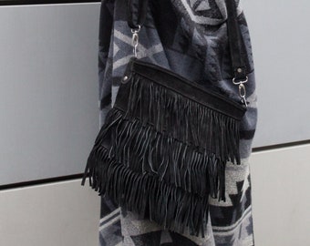 Suede Fringe Shoulder Bag In Black