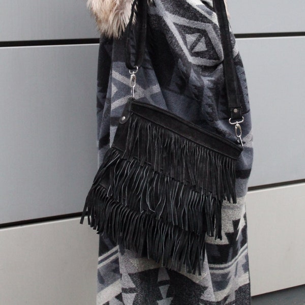 Suede Fringe Shoulder Bag In Black