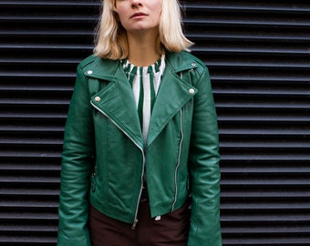 Leather Moto Biker Jacket In Green