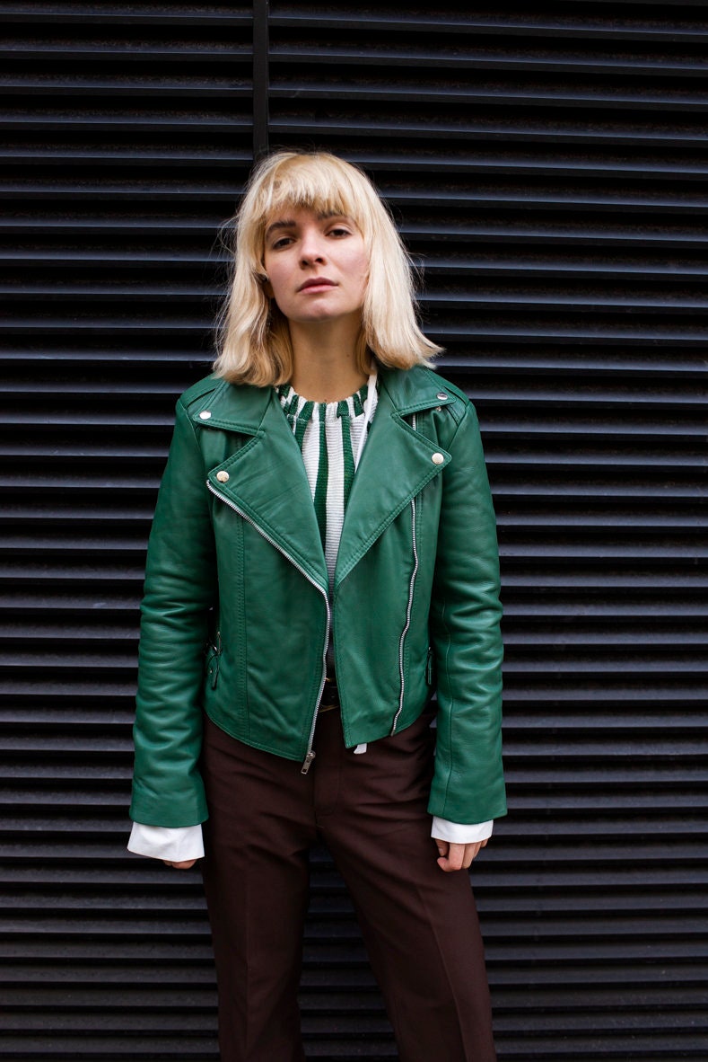 Green top leather coat