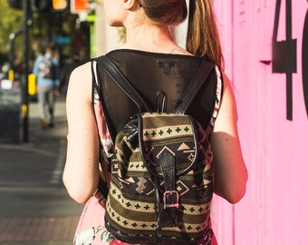 Black Leather And Printed Green Canvas Rucksack