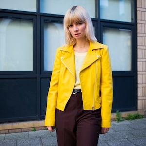 Leather Moto Biker Jacket In Yellow