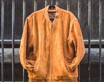 Men’s Tan Brown Suede Leather Bomber Jacket – Vintage Classic Style | Made in UK