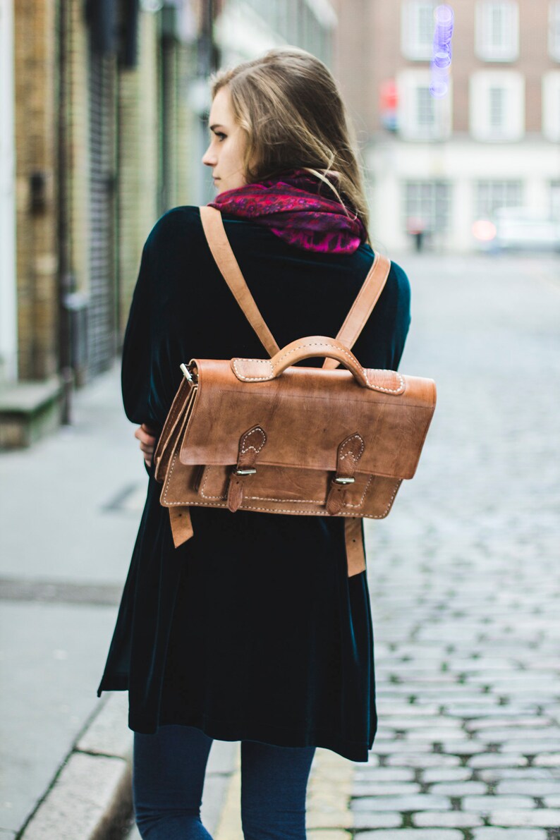 Moroccan Leather Satchel Backpack In Tan Leather image 3