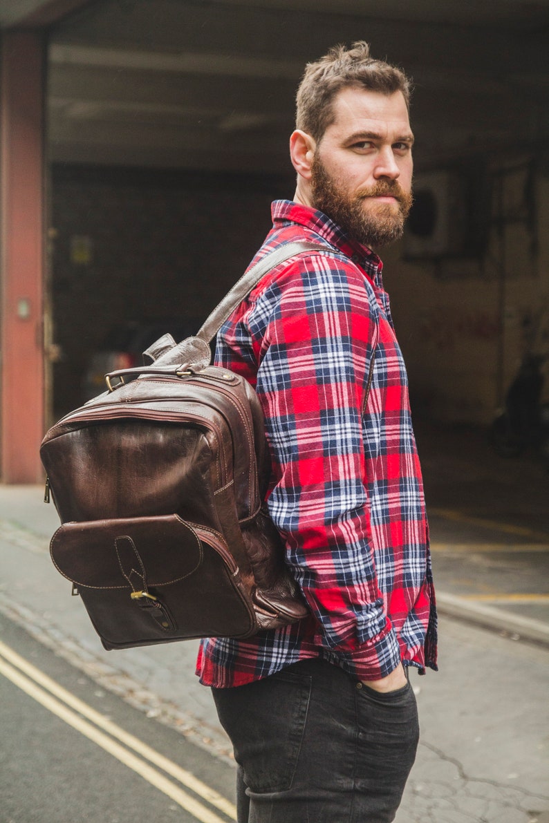 Gloss Brown Leather Office Backpack Work Rucksack image 6