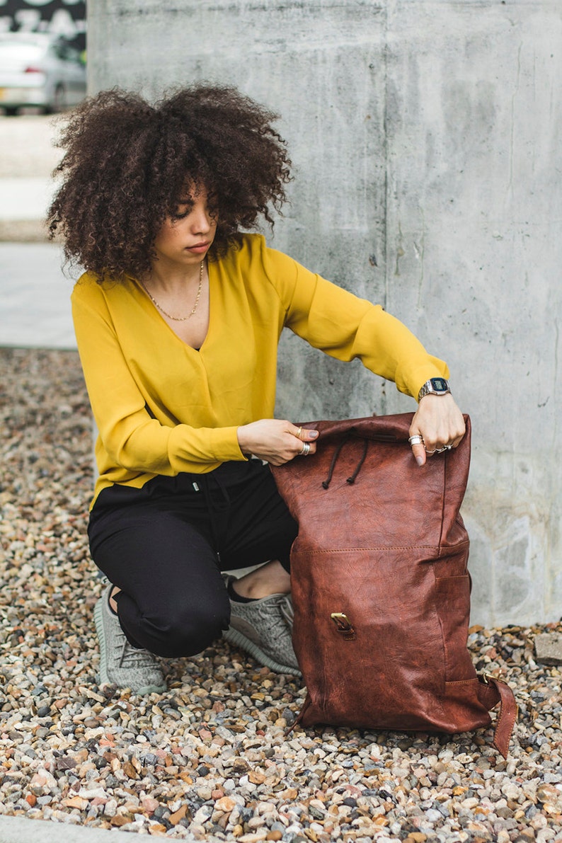 Distressed Leather Traveller's Rucksack Backpack With Roll Top image 3